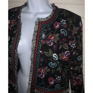 Loft Sz 6 Black Floral Fringe Tapestry Open Front Blazer Jacket Black Red EUC